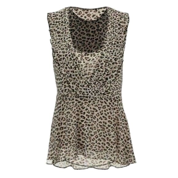 CAbi Top Flutter Blouse Ruffle Sleeveless Cheetah Animal Print Black Cream S - Picture 16 of 16